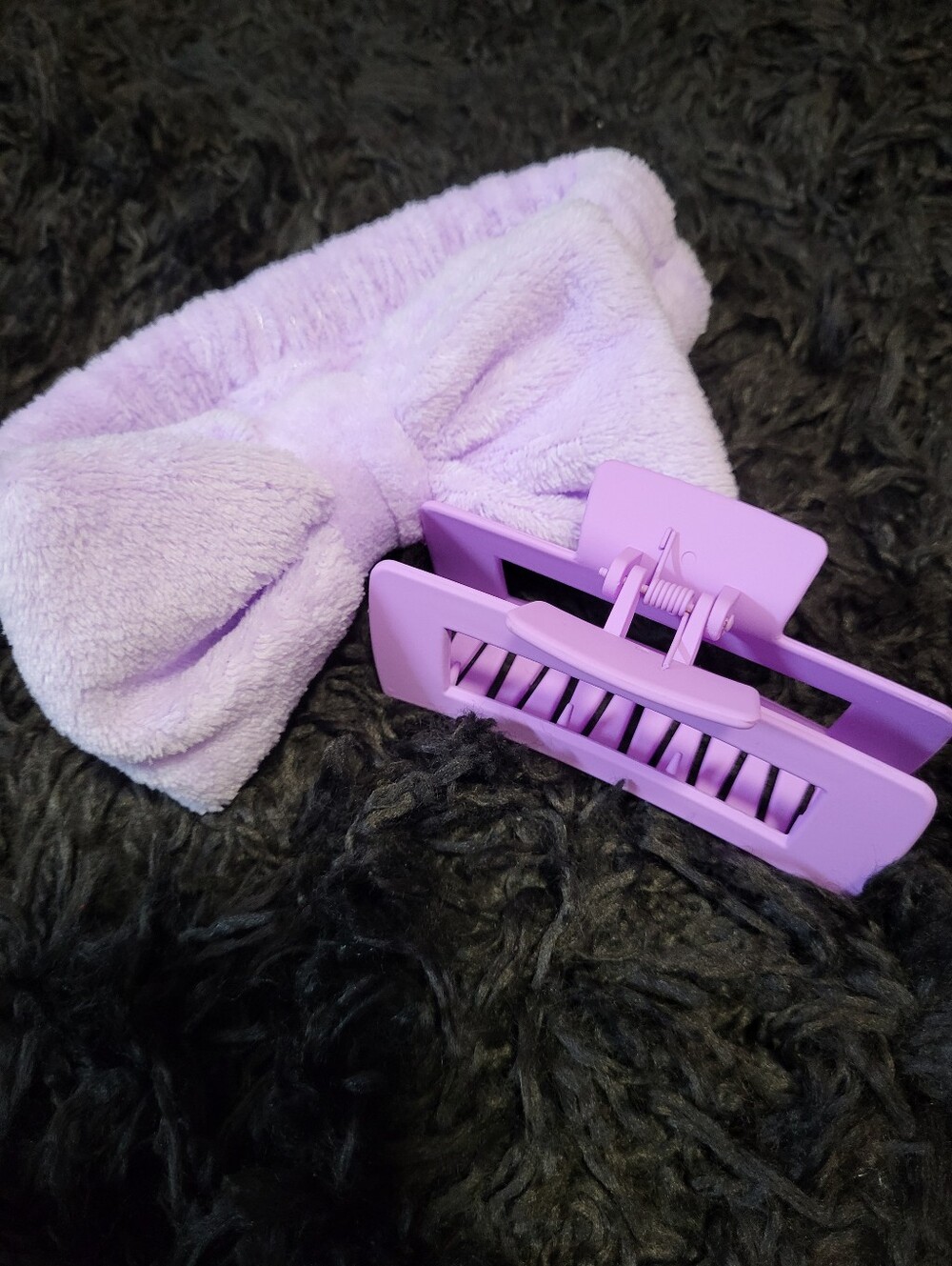 Plush Bow Headband & Large Hair Claw Clip - Lavender